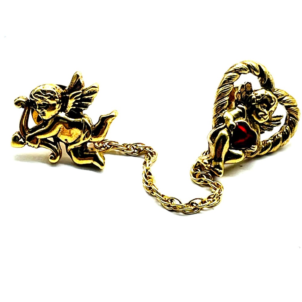 Vintage Gold Tone Cherub Dress Clip Sweater Guard Heart Chain Red Rhinestone
